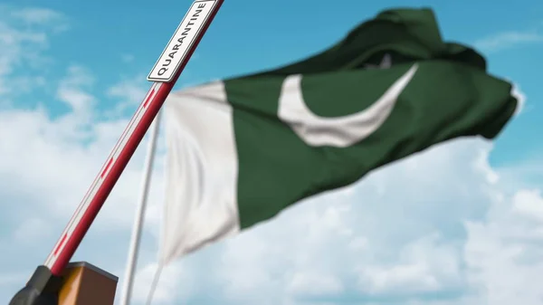 파키스탄의 국기가 배경으로 하여 열려 있는 콰 란 틴 표지판 이 있는 장벽이다. 파키스탄 록 다운 종료. 3D 렌더링 — 스톡 사진