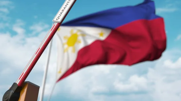 Porta de barreira com sinal QUARANTINE sendo aberto com bandeira das Filipinas como pano de fundo. Fim do bloqueio nas Filipinas. Renderização 3D — Fotografia de Stock