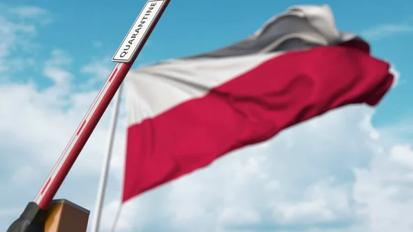 Porta de lança aberta com sinal QUARANTINE no fundo da bandeira polaca. Fim de bloqueio na Polónia. Renderização 3D — Fotografia de Stock