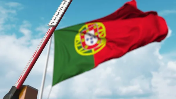 Puerta de pluma abierta con signo QUARANTINE en el fondo de la bandera portuguesa. El bloqueo termina en Portugal. Renderizado 3D — Foto de Stock