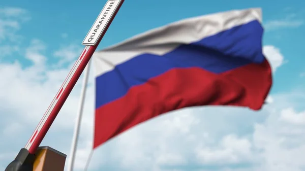 Бар'єрні ворота з QUARANTINE знаком відкриті з прапором Росії як тло. Кінець російського Локдауну. 3D візуалізація — стокове фото