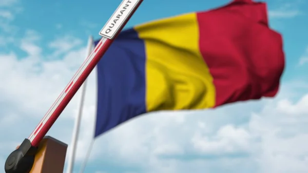 Puerta abierta con signo QUARANTINE en el fondo de la bandera rumana. El encierro termina en Rumania. Renderizado 3D — Foto de Stock