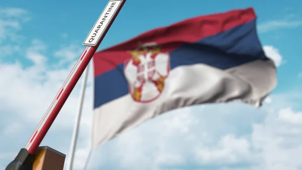 Відкриття бум бар'єру з QUARANTINE знак проти сербського прапора. Без обмежень у Сербії. 3D візуалізація — стокове фото