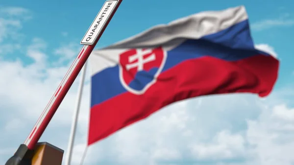 Barreira de lança de abertura com sinal QUARANTINE contra a bandeira eslovaca. Entrada sem restrições na Eslováquia. Renderização 3D — Fotografia de Stock