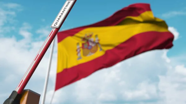 Brama ochronna z oznaczeniem QUARANTINE jest otwarta z flagą Hiszpanii jako tłem. Hiszpański nieograniczony wjazd. Renderowanie 3D — Zdjęcie stockowe