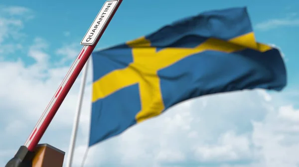 Öppningsbom med QUARANTINE skylt mot den svenska flaggan. Obegränsad inresa i Sverige. 3D-rendering — Stockfoto