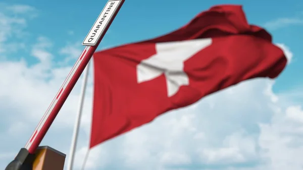 Barreira de lança de abertura com sinal QUARANTINE contra a bandeira suíça. Entrada sem restrições na Suíça. Renderização 3D — Fotografia de Stock