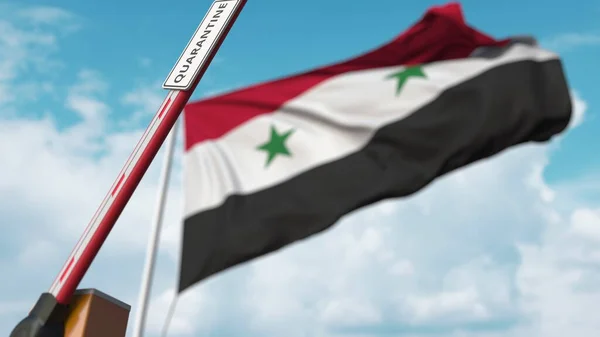 Abra o portão boom com sinal QUARANTINE no fundo da bandeira síria. Entrada sem restrições na Síria. Renderização 3D — Fotografia de Stock