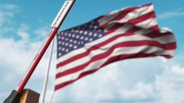 Barrera de apertura con signo QUARANTINE contra la bandera americana. El bloqueo termina en los Estados Unidos. Renderizado 3D —  Fotos de Stock