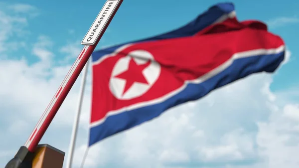Ανοίξτε την πύλη με την ένδειξη QUARANTINE στο φόντο της σημαίας της Βόρειας Κορέας. Κλείδωμα στη Βόρεια Κορέα. 3D απόδοση — Φωτογραφία Αρχείου