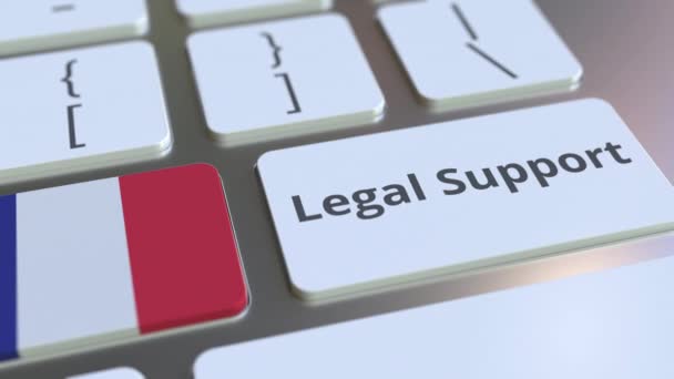 Bilgisayar klavyesinde Fransa Hukuki Destek mesajı ve bayrağı var. Çevrimiçi hukuki hizmet ile ilgili 3D animasyon — Stok video