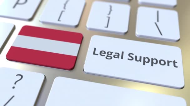 Supporto legale testo e bandiera dell'Austria sulla tastiera del computer. Animazione 3D relativa al servizio legale online — Video Stock