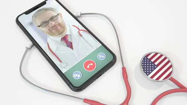 医者はアメリカ国旗のついた電話と聴診器のベルにビデオ通話をかけます。アメリカのテレメディシン。3Dレンダリング — ストック写真