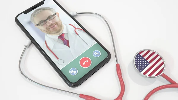 Llamada de video de los doctores en el teléfono y campana del estetoscopio con la bandera americana. Telemedicina en los Estados Unidos. Renderizado 3D —  Fotos de Stock