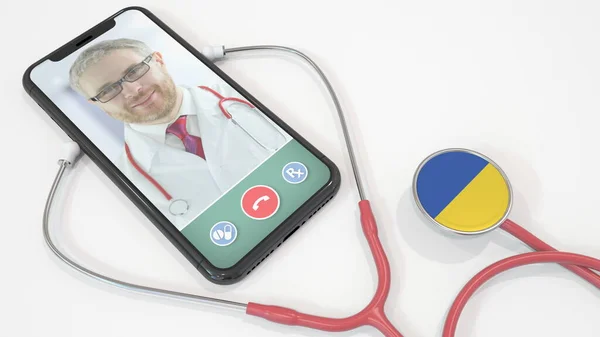 Doktor na obrazovce smartphonu a stetoskop s vlajkou Ukrajiny. Ukrajinská telemedicína. 3D vykreslování — Stock fotografie