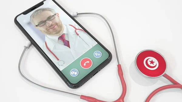 Doktoři video hovor na telefonu a stetoskop zvonek s tuniskou vlajkou. Telemedicína v Tunisku. 3D vykreslování — Stock fotografie