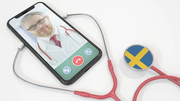 Lékaři videohovor na telefonu a stetoskop zvonek se švédskou vlajkou. Telemedicína ve Švédsku. 3D vykreslování — Stock fotografie