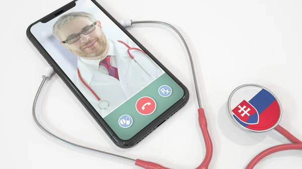 Lékaři videohovor na telefonu a stetoskop zvonek se slovenskou vlajkou. Telemedicína na Slovensku. 3D vykreslování — Stock fotografie