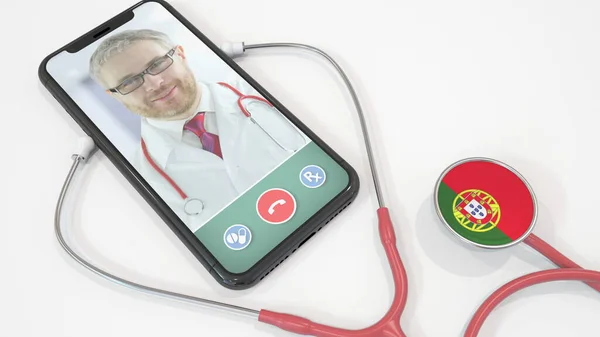 Az orvos okostelefon alkalmazást és sztetoszkópot hív a portugál zászlóval. TeleHealth technológia Portugáliában. 3D renderelés — Stock Fotó