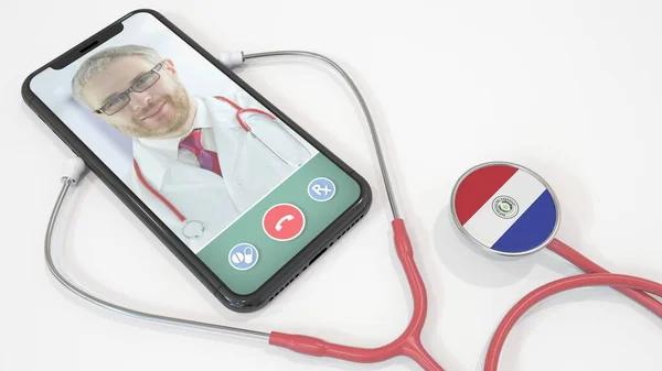 Lékař na obrazovce smartphonu a stetoskop s vlajkou Paraguaye. Paraguayská telemedicína. 3D vykreslování — Stock fotografie