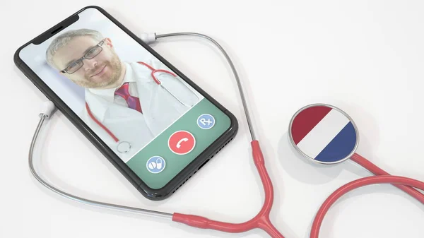 Lékaři videohovor na telefonu a stetoskop zvonek s holandskou vlajkou. Telemedicína v Nizozemsku. 3D vykreslování — Stock fotografie