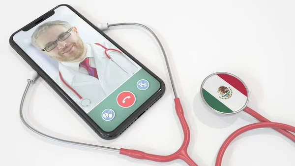 Doktoři video hovor na telefonu a stetoskop zvonek s mexickou vlajkou. Telemedicína v Mexiku. 3D vykreslování — Stock fotografie
