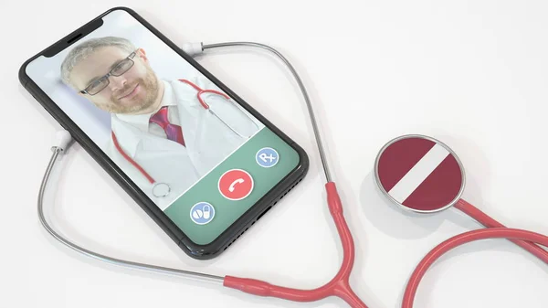 Doktor na obrazovce smartphonu a stetoskop s vlajkou Lotyšska. Lotyšská telemedicína. 3D vykreslování — Stock fotografie