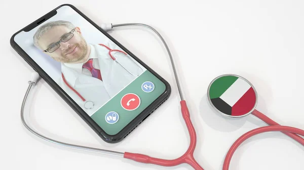 Lékaři videohovor na telefonu a stetoskop zvonek s kuvajtskou vlajkou. Telemedicína v Kuvajtu. 3D vykreslování — Stock fotografie