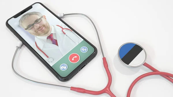 Doktoři video hovor na telefonu a stetoskop zvonek s estonskou vlajkou. Telemedicína v Estonsku. 3D vykreslování — Stock fotografie