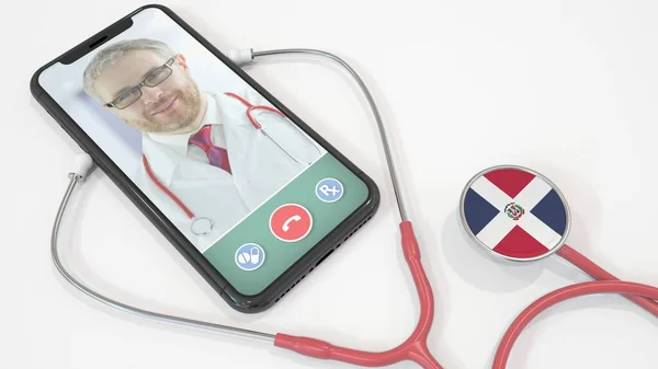 Doktor volá aplikaci smartphonu a stetoskop s dominikánskou vlajkou. Telehealth technologie v Dominikánské republice. 3D vykreslování — Stock fotografie