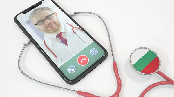 Doktor volá aplikaci smartphone a stetoskop s bulharskou vlajkou. Telehealth technologie v Bulharsku. 3D vykreslování — Stock fotografie