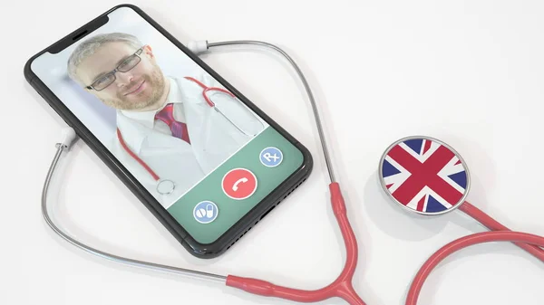 Doktor na obrazovce smartphonu a stetoskop s vlajkou Velké Británie. Britská telemedicína. 3D vykreslování — Stock fotografie