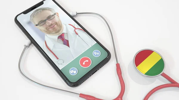 Doktoři video hovor na telefonu a stetoskop zvonek s bolivijskou vlajkou. Telemedicína v Bolívii. 3D vykreslování — Stock fotografie