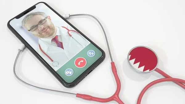 stock image Doctor calling on smartphone app and stethoscope with the Bahraini flag. Telehealth technology in Bahrain. 3D rendering