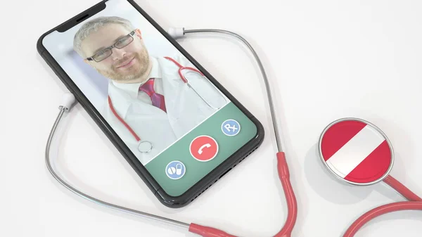 Doktor volá na aplikaci smartphone a stetoskop s rakouskou vlajkou. Telehealth technologie v Rakousku. 3D vykreslování — Stock fotografie