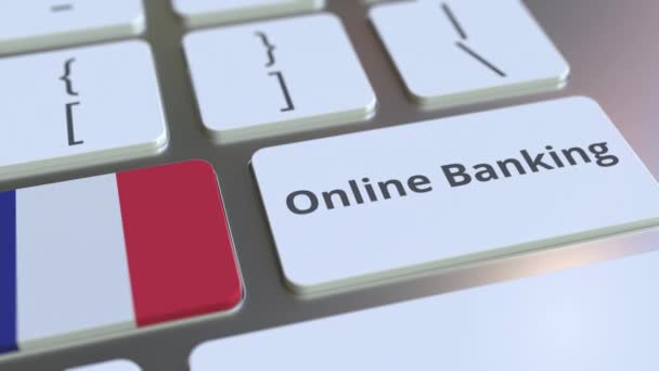 Online Banking texto e bandeira da França no teclado. Internet finanças relacionadas animação 3D conceitual — Vídeo de Stock