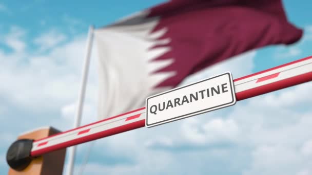 Barrier gate with QUARANTINE sign being open with flag of Qatar as a background. Qatari Lockdown end — Stock Video