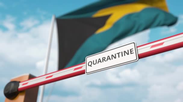 Öppna bommen grind med Quarantin tecken på Bahamas flagga bakgrund. Nedstängning i Bahamas — Stockvideo