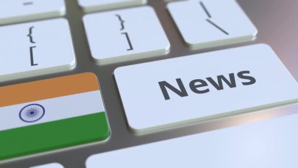Nyheter text och flagga Indien på tangenterna till ett datortangentbord. Nationella online media relaterade konceptuell 3D-animering — Stockvideo