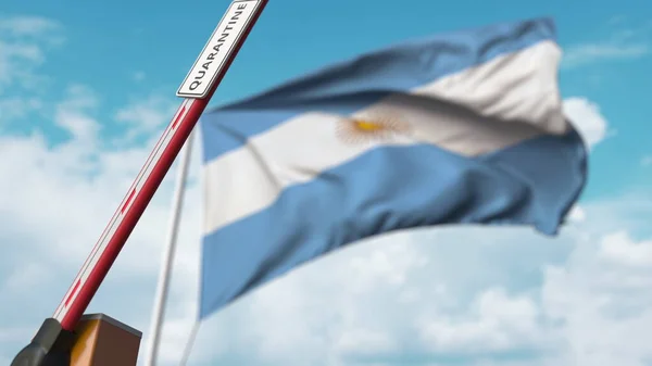 Puerta abierta con signo QUARANTINE en el fondo de la bandera argentina. El encierro termina en Argentina. Renderizado 3D — Foto de Stock