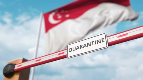 Cancello a barriera con cartello QUARANTINE aperto con bandiera di Singapore come sfondo. Singaporean Ingresso illimitato — Video Stock