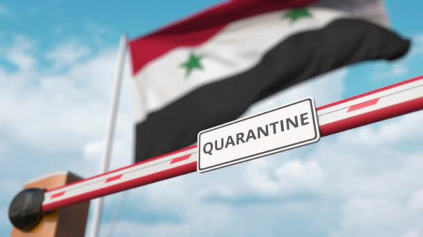 Open boom gate with QUARANTINE sign on the Syrian flag background. Unrestricted entry in Syria — Stock Video