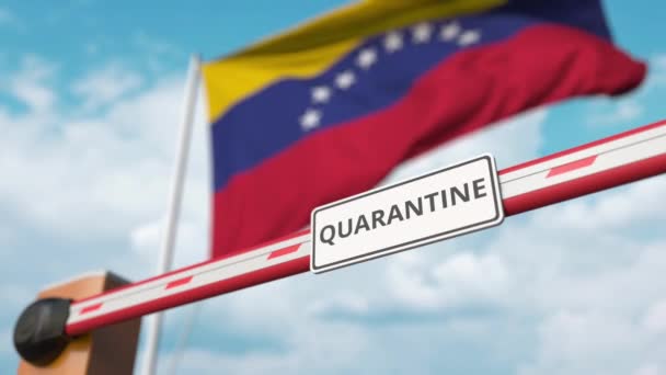 Opening boom barrier with QUARANTINE sign against the Venezuelan flag. Lockdown end in Venezuela — Stock Video