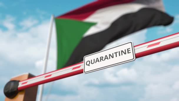 Open boom gate with QUARANTINE sign on the Sudanian flag background. Unrestricted entry in Sudan — Stock Video