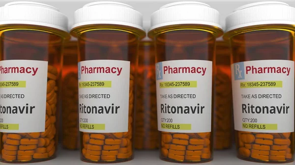 Fiolki na receptę z rytonawirem generycznych tabletek leków jako możliwe leczenie choroby koronawirusowej. Renderowanie 3D — Zdjęcie stockowe