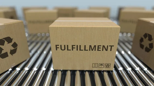 Cardboard boxes with FULFILLMENT text move on industrial roller conveyors. Online store logistics related 3D rendering — Stock Photo, Image