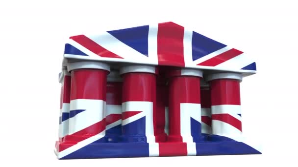 Deflating inflatable bank or government building with printed flag of the UK. British economic or political crisis related conceptual 3D animation — Stock Video