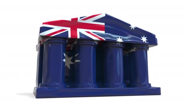 Дефляция надувного банка или здания правительства с напечатанным флагом Австралии. Концептуальная 3D анимация, связанная с экономическим или политическим кризисом в Австралии — стоковое видео