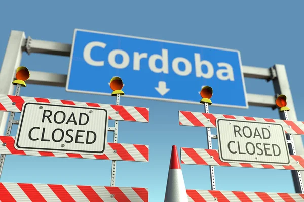 Bloques de carreteras cerca de la ciudad de Córdoba señal de tráfico. Lockdown en Argentina renderizado 3D conceptual — Foto de Stock