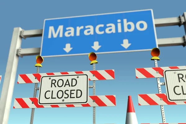 Bloques de carreteras cerca de la señal de tráfico de la ciudad de Maracaibo. Lockdown en Venezuela renderizado 3D conceptual — Foto de Stock